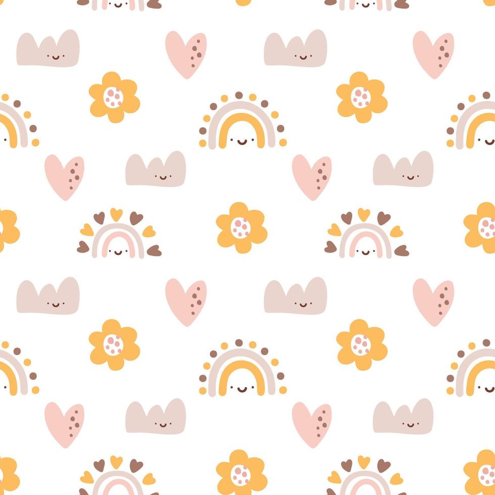 Cute vector baby girl seamless pattern with hand drawn heart, flower and rainbow cloud. Creative childish illustration background for fabric, textile