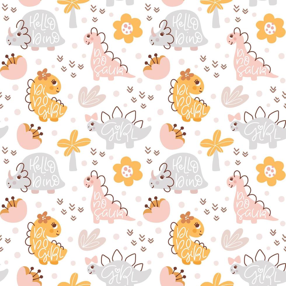 Dino girl cute hand drawn seamless pattern. Children pattern with dinosaur, palm, flower and rainbow for fashion clothes, shirt, fabric. Scandinavian kids design vector