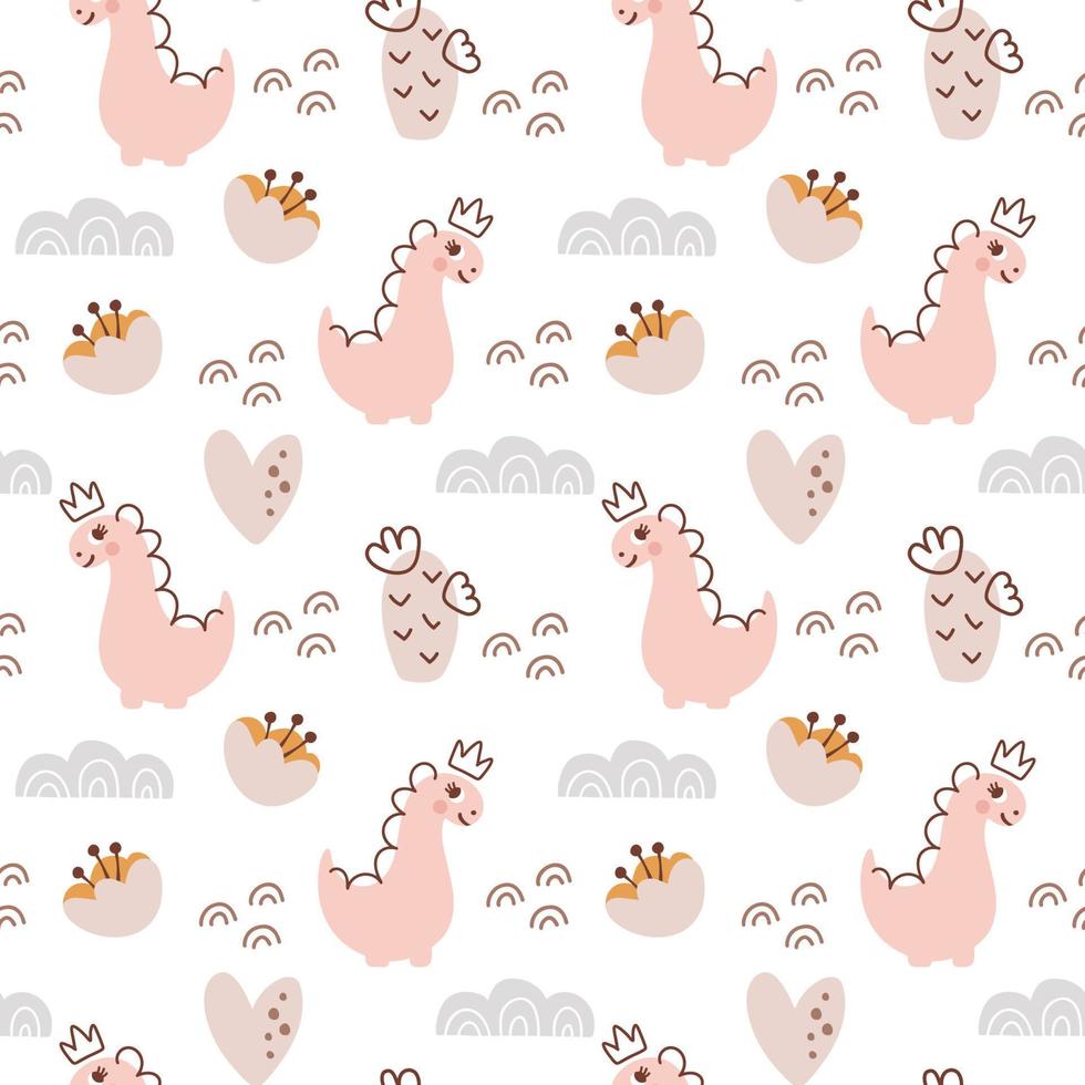 Hand drawn cute dinosaurs seamless pattern. Children pattern with girl dino, cactus, flowers for fashion clothes, shirt, fabric. Scandinavian kids design vector