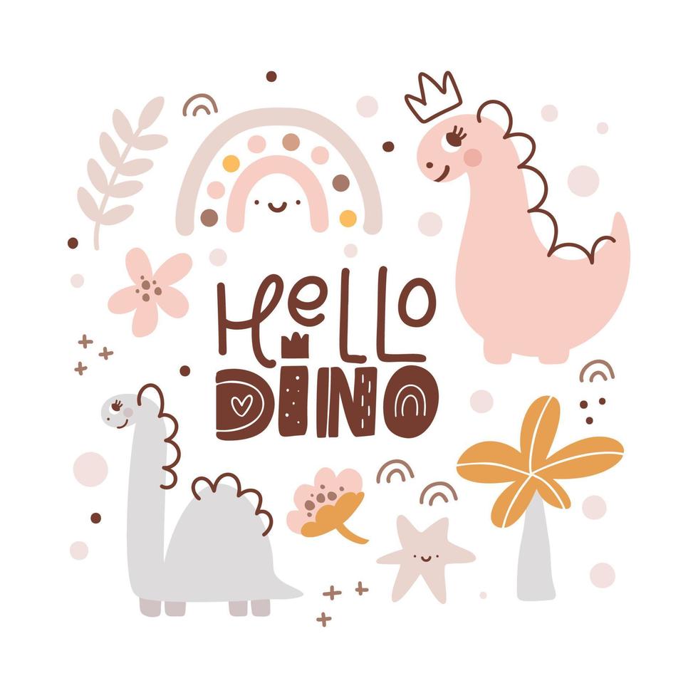 lindo vector tarjeta de felicitación para niños con dinosaurio con corona y bebé texto hola dino. dibujos animados dino princesa niña estilo escandinavo ilustración. estrella, flor de puntos, arco iris. para fiesta infantil