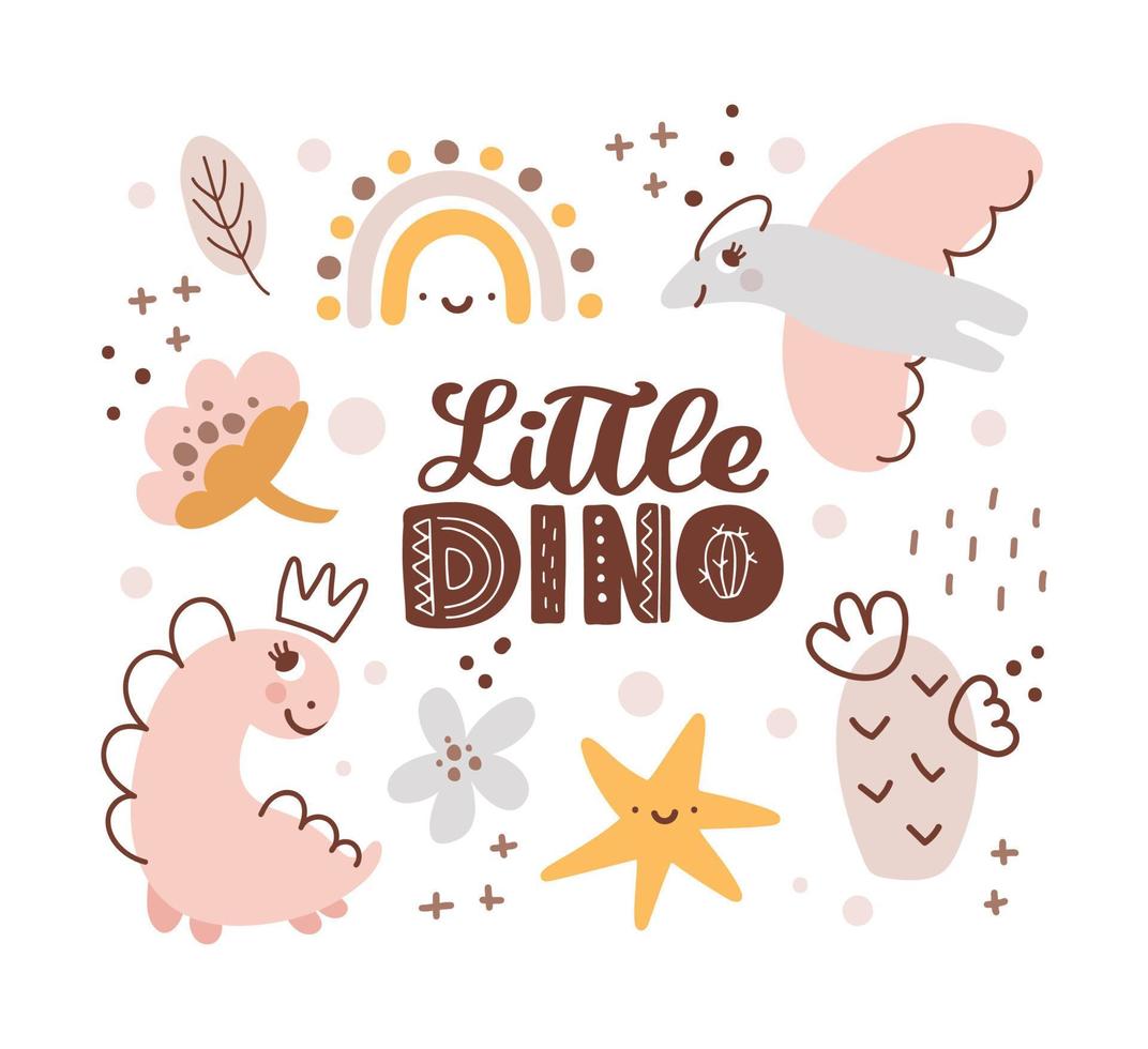 Cute vector kids Greeting card with dinosaur and baby text Little Dino. And cactus, flower, rainbow. Cartoon dino girl Scandinavian style illustration. For children party