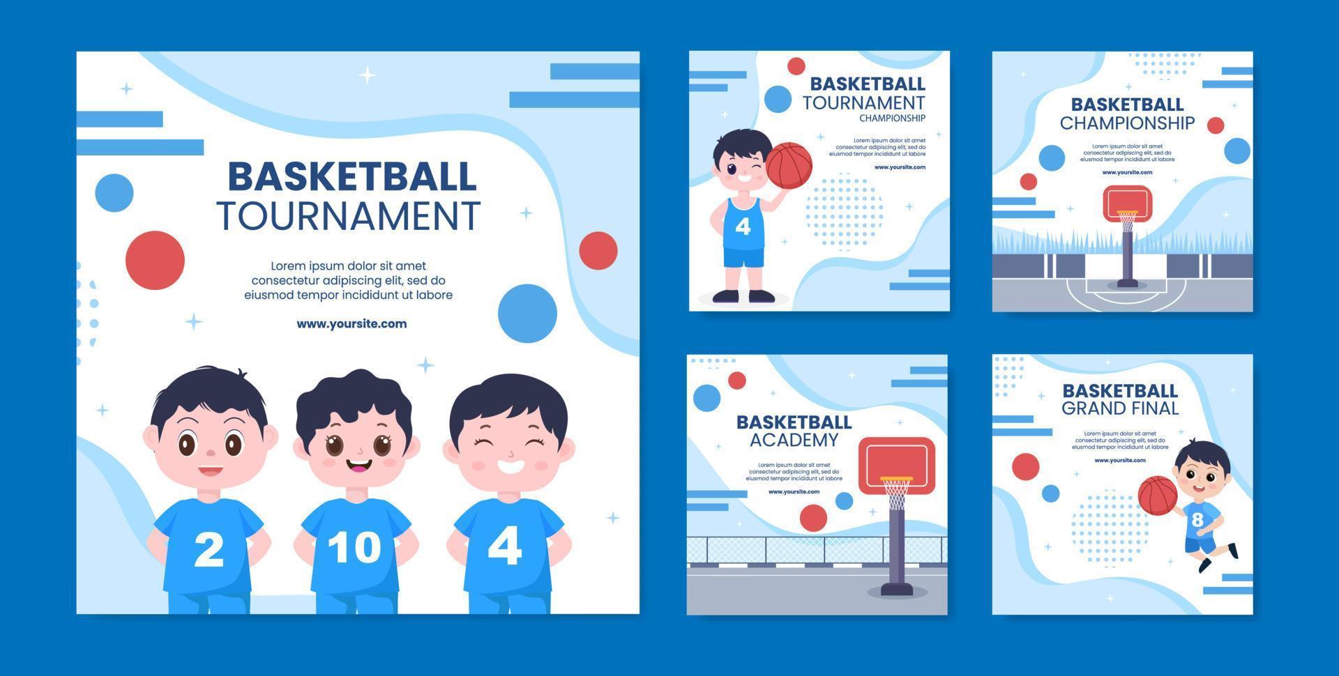 ilustración de vector de fondo de dibujos animados de plantilla de publicación de redes sociales de torneo deportivo de baloncesto