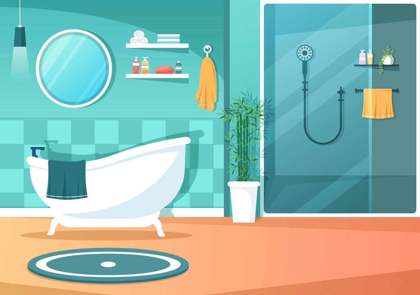 Ilustración de fondo interior de muebles de baño modernos con bañera, lavabo de grifo para ducharse y limpiar en estilo de color plano vector