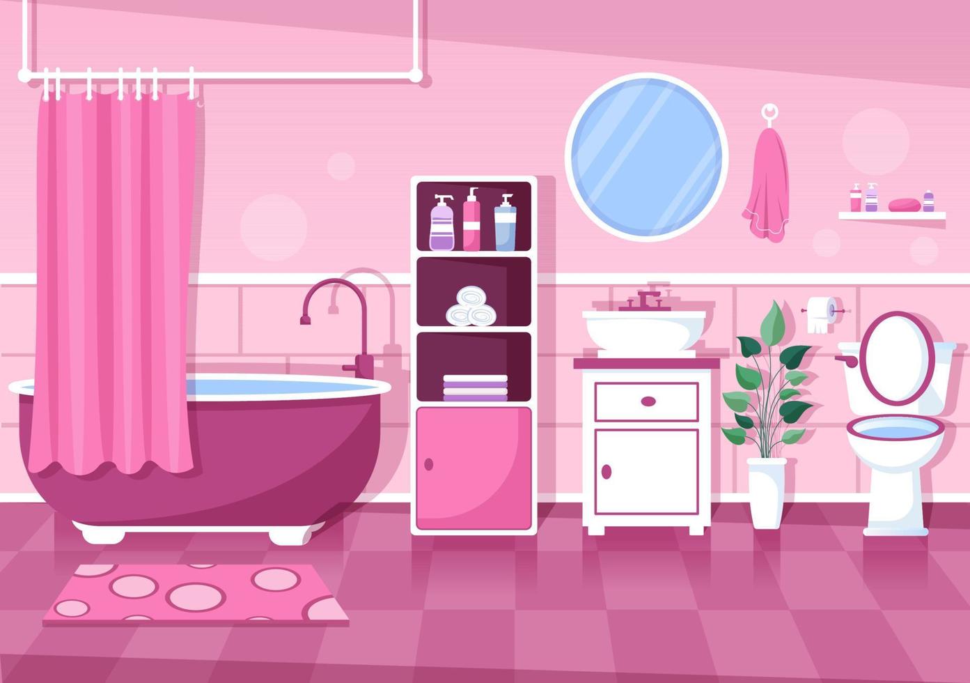 Ilustración de fondo interior de muebles de baño modernos con bañera, lavabo de grifo para ducharse y limpiar en estilo de color plano vector