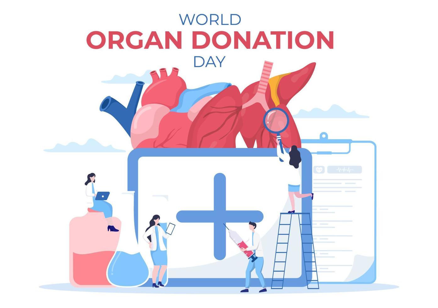 día mundial de la donación de órganos con riñones, corazón, pulmones, ojos o hígado para trasplante, salvando vidas y atención médica en dibujos animados planos vector