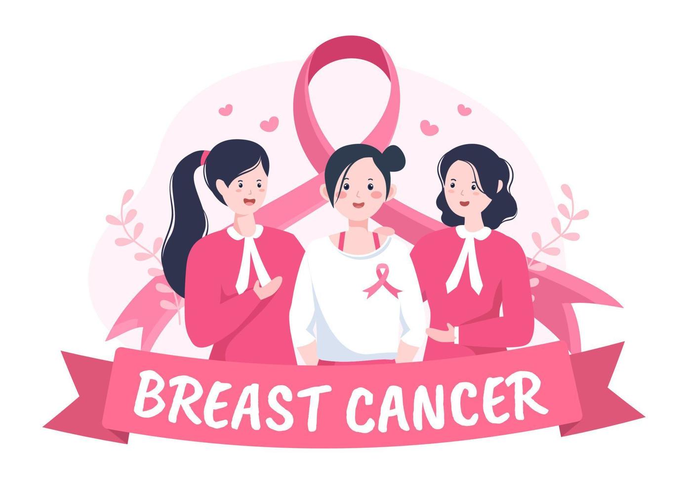 ilustración de dibujos animados de fondo del mes de concientización sobre el cáncer de mama con cinta rosa y mujer para campaña de prevención de enfermedades o atención médica vector