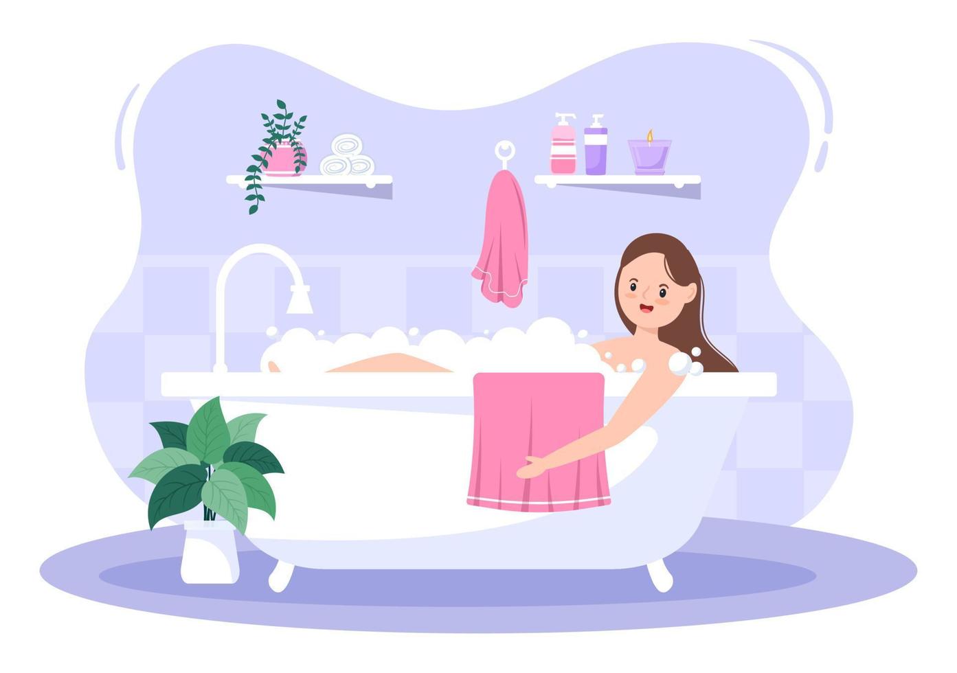 Modern Bathroom Furniture Interior Background Illustration with girl taking a bath in the bathtub in Flat Color Style vector