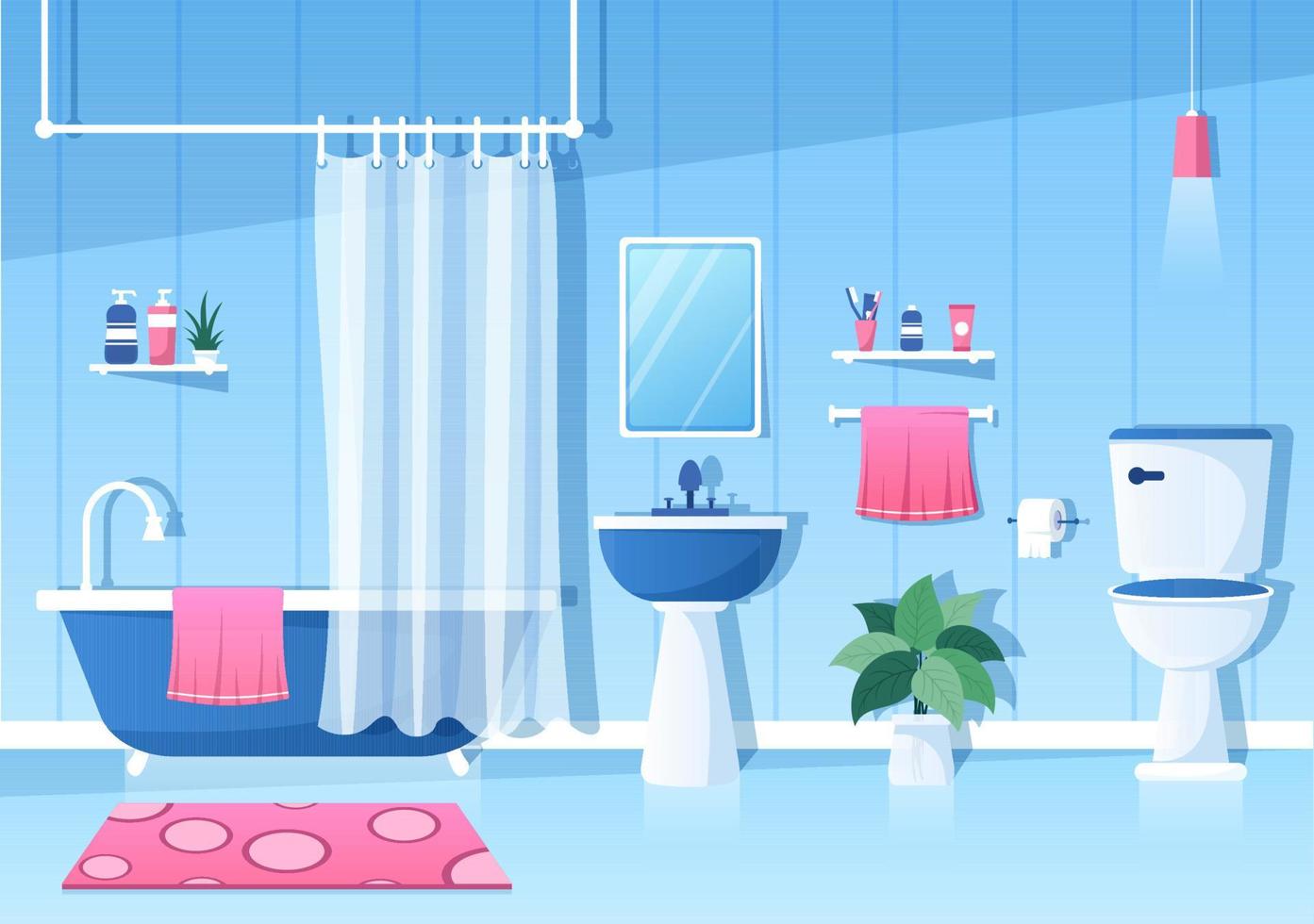 Ilustración de fondo interior de muebles de baño modernos con bañera, lavabo de grifo para ducharse y limpiar en estilo de color plano vector