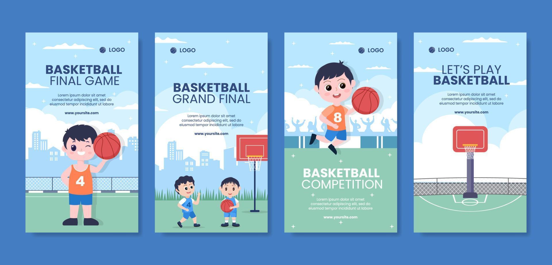 baloncesto deportes torneo redes sociales historias plantilla dibujos animados fondo vector ilustración