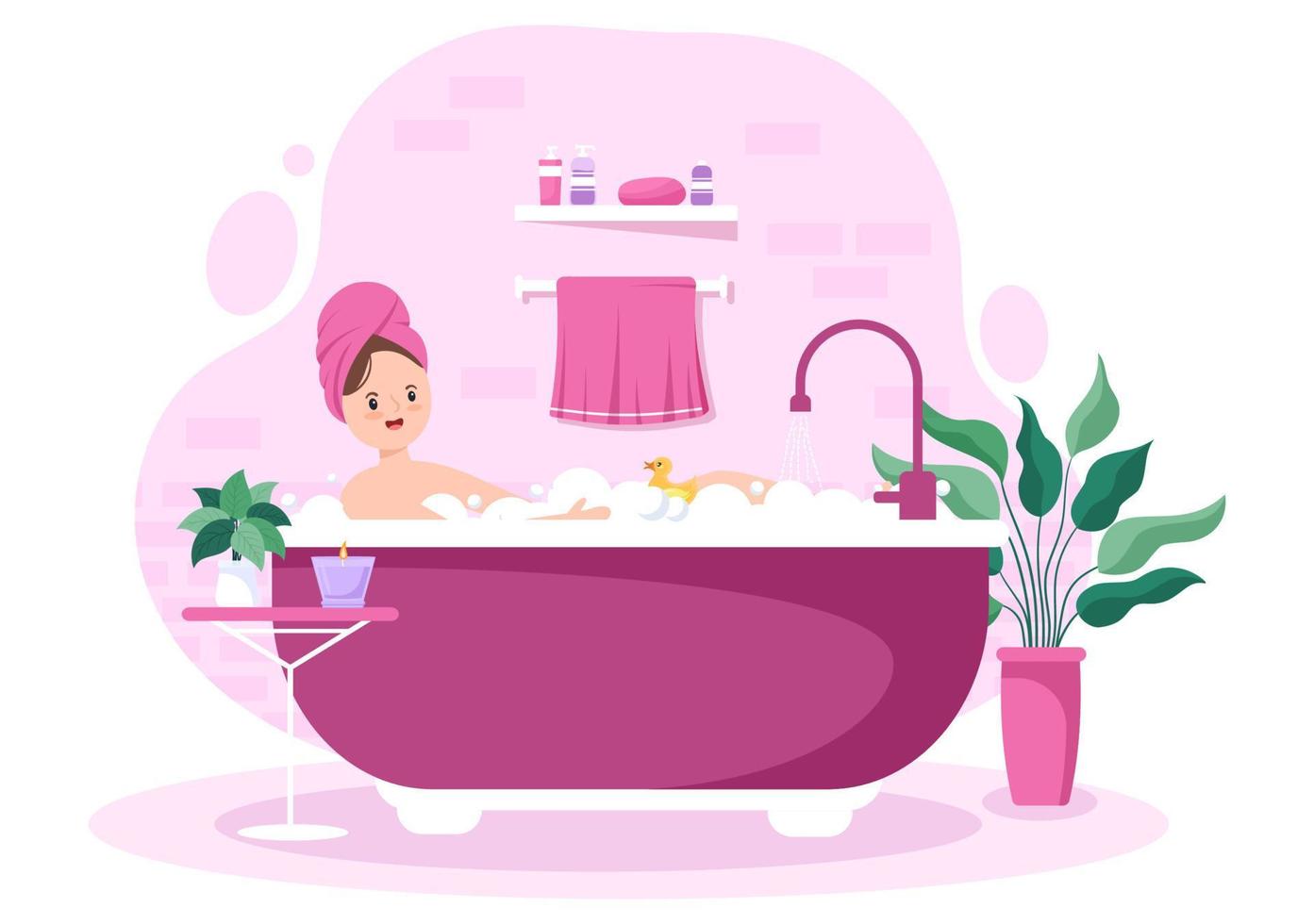 Modern Bathroom Furniture Interior Background Illustration with girl taking a bath in the bathtub in Flat Color Style vector