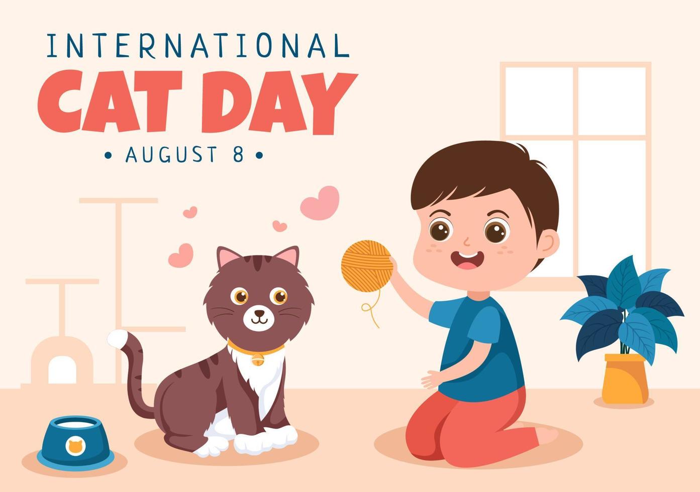 el día internacional del gato celebra la amistad entre humanos y gatos en agosto en una linda ilustración de fondo de caricatura plana vector