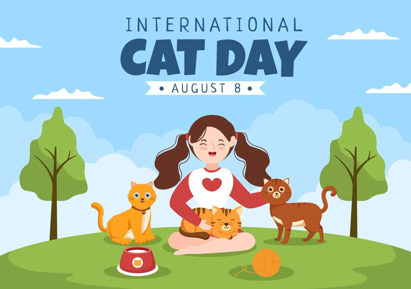 el día internacional del gato celebra la amistad entre humanos y gatos en agosto en una linda ilustración de fondo de caricatura plana vector