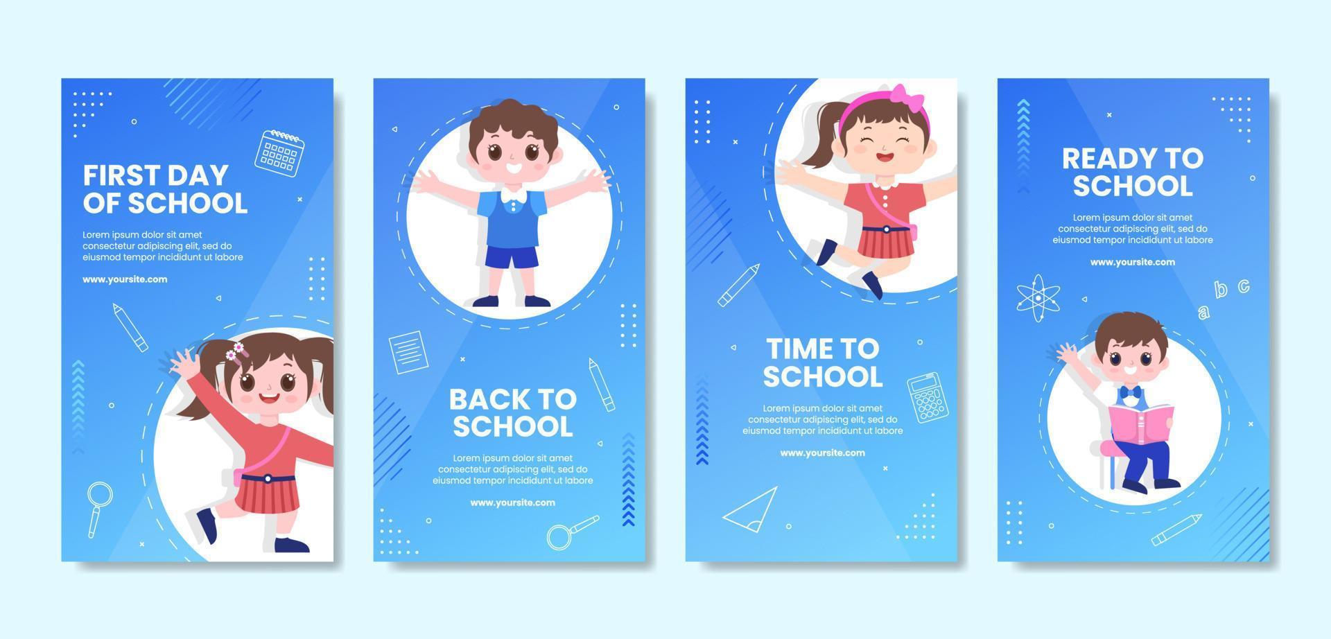 Back To School Social Media Stories Template Flat Cartoon Background Vector Illustration