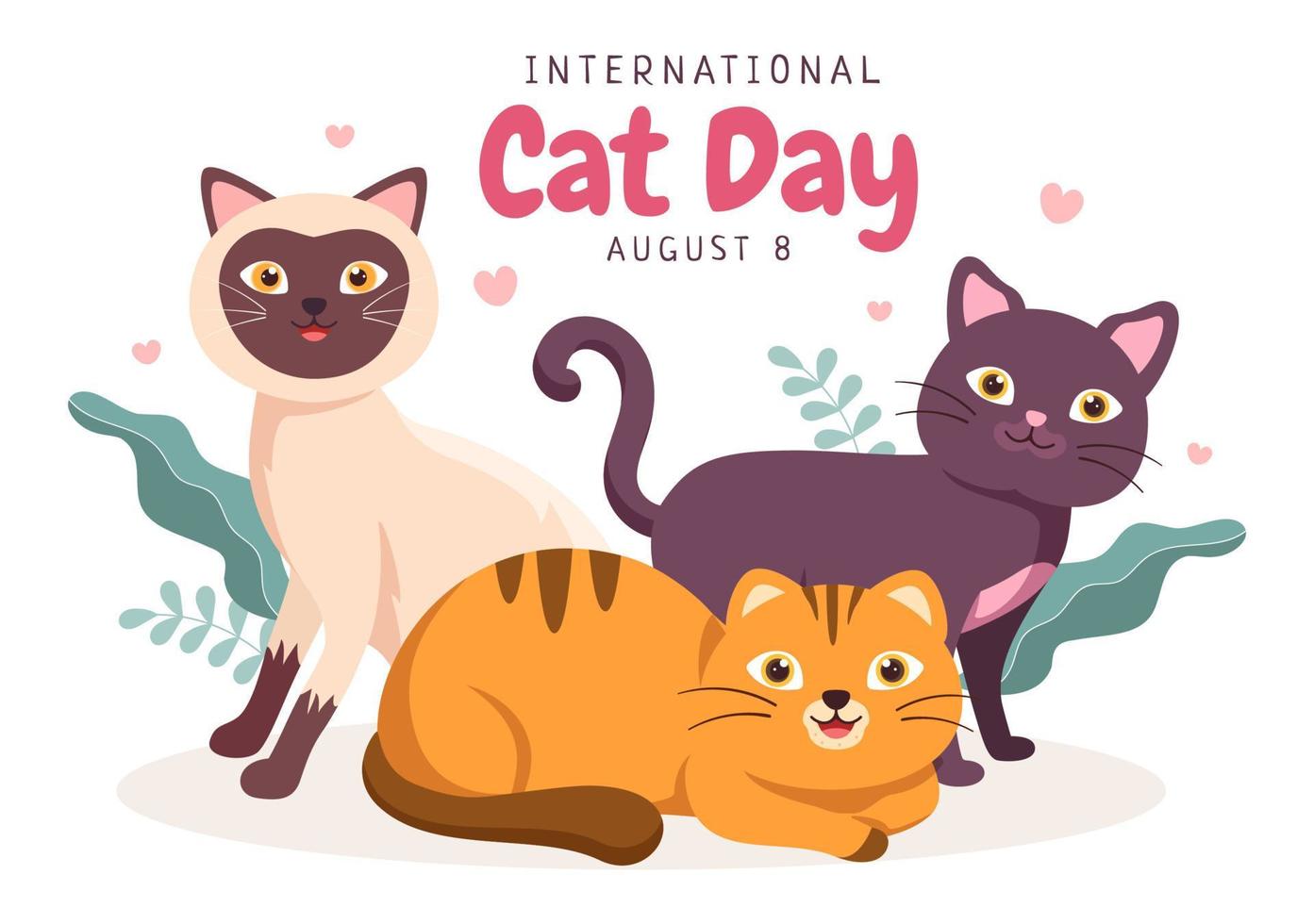 el día internacional del gato celebra la amistad entre humanos y gatos en agosto en una linda ilustración de fondo de caricatura plana vector