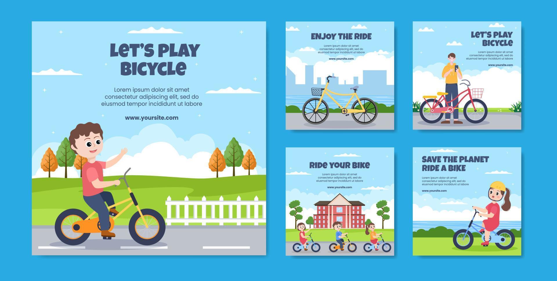 Lets Play Bicycle Social Media Post Template Flat Cartoon Background Vector Illustration