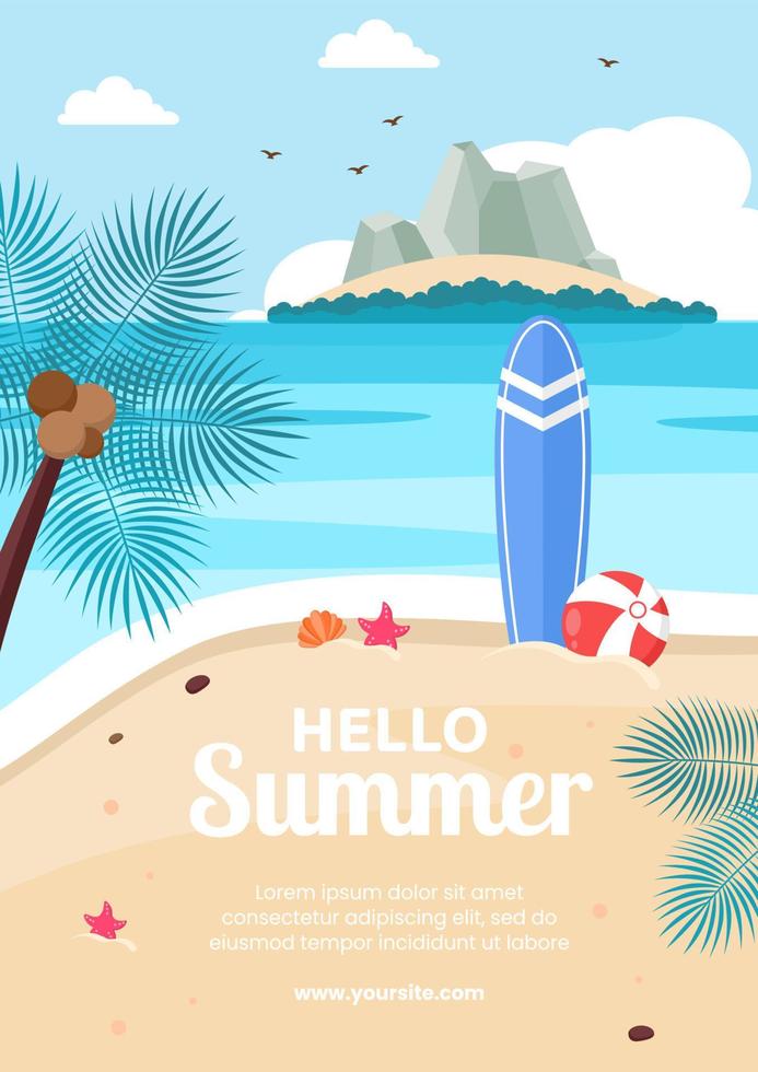 Hello Summer Social Media Flyer Template Flat Cartoon Background Vector Illustration