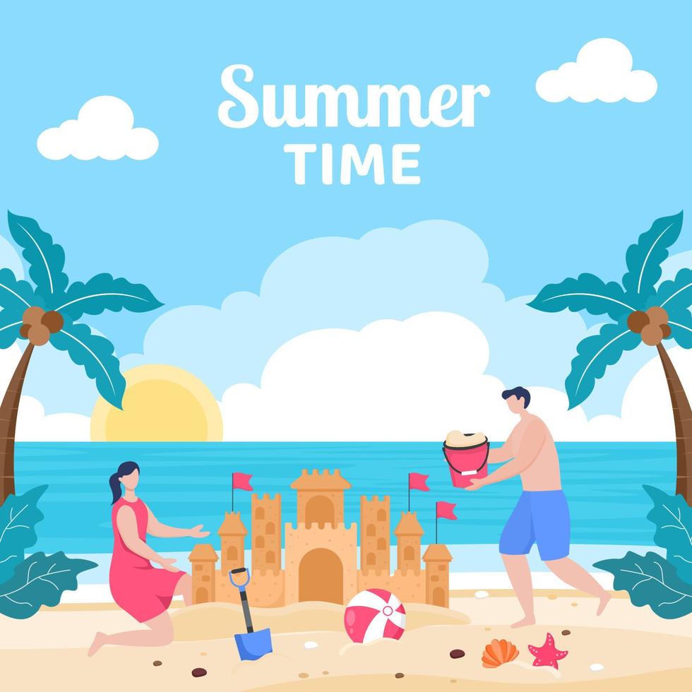 Hello Summer Social Media Template Flat Cartoon Background Vector Illustration