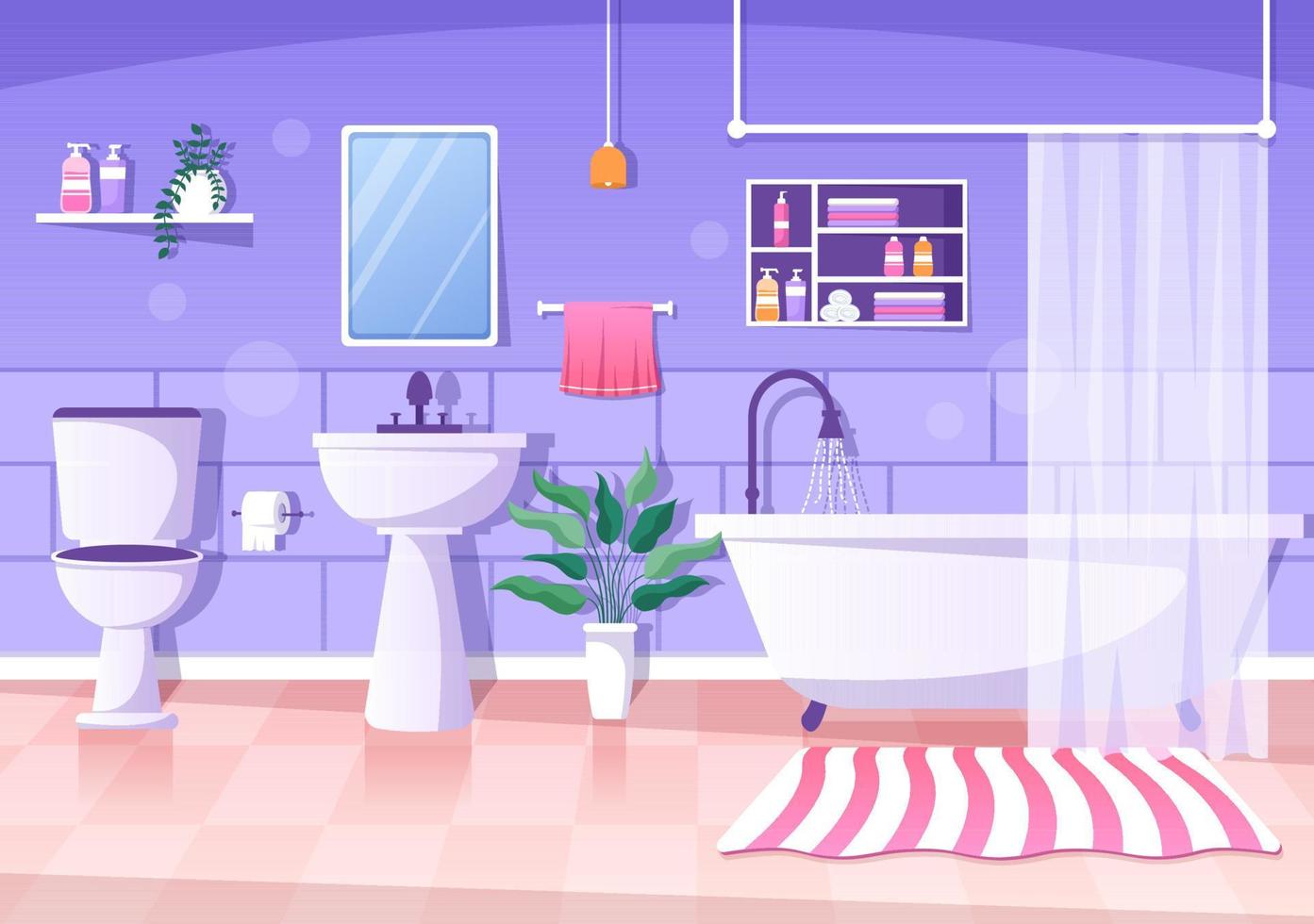 Ilustración de fondo interior de muebles de baño modernos con bañera, lavabo de grifo para ducharse y limpiar en estilo de color plano vector