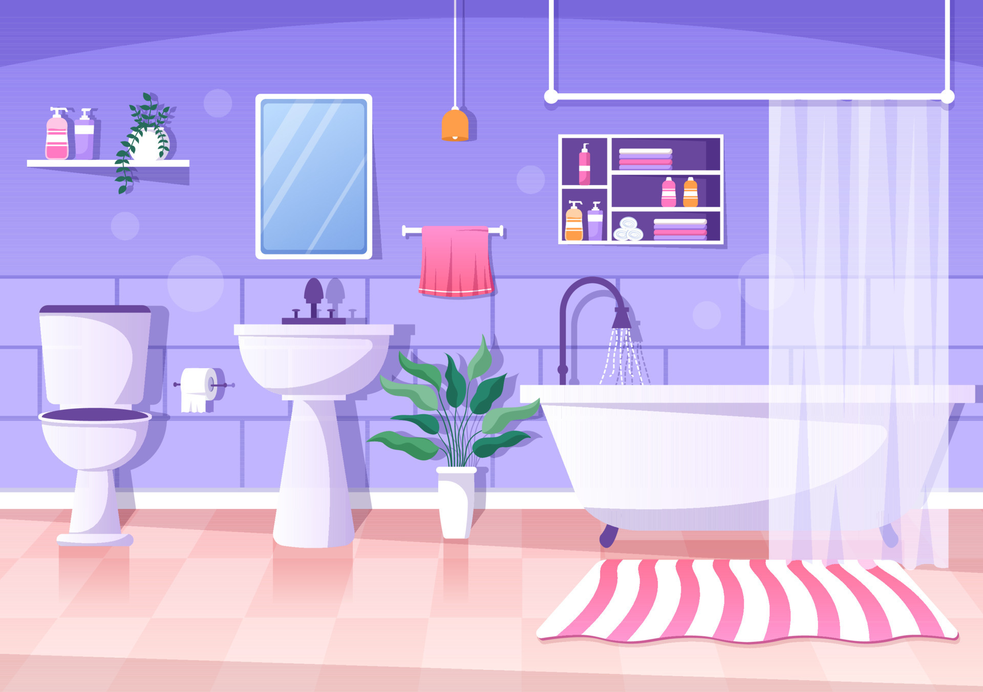 Modern Bathroom Furniture Interior Background Illustration with Bathtub, Faucet Toilet Sink to