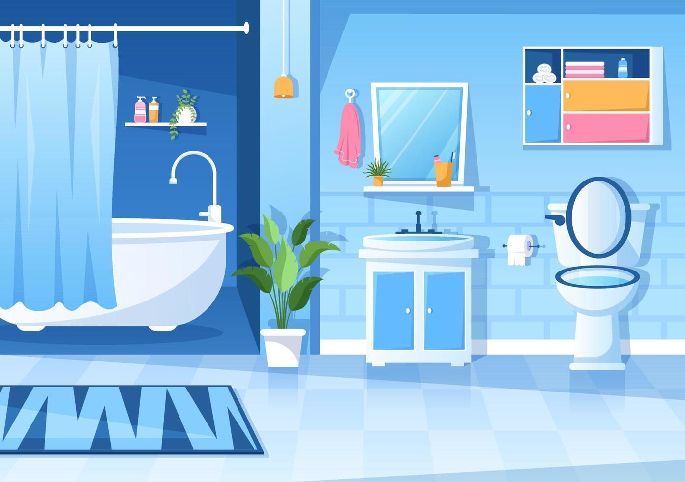 Ilustración de fondo interior de muebles de baño modernos con bañera, lavabo de grifo para ducharse y limpiar en estilo de color plano vector