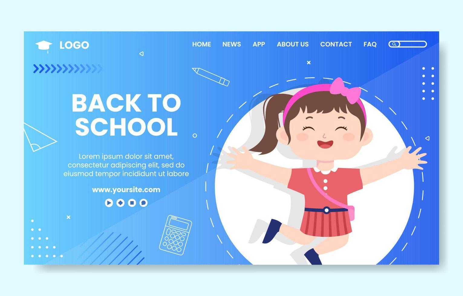 Back To School Social Media Landing Page Template Flat Cartoon Background Vector Illustration