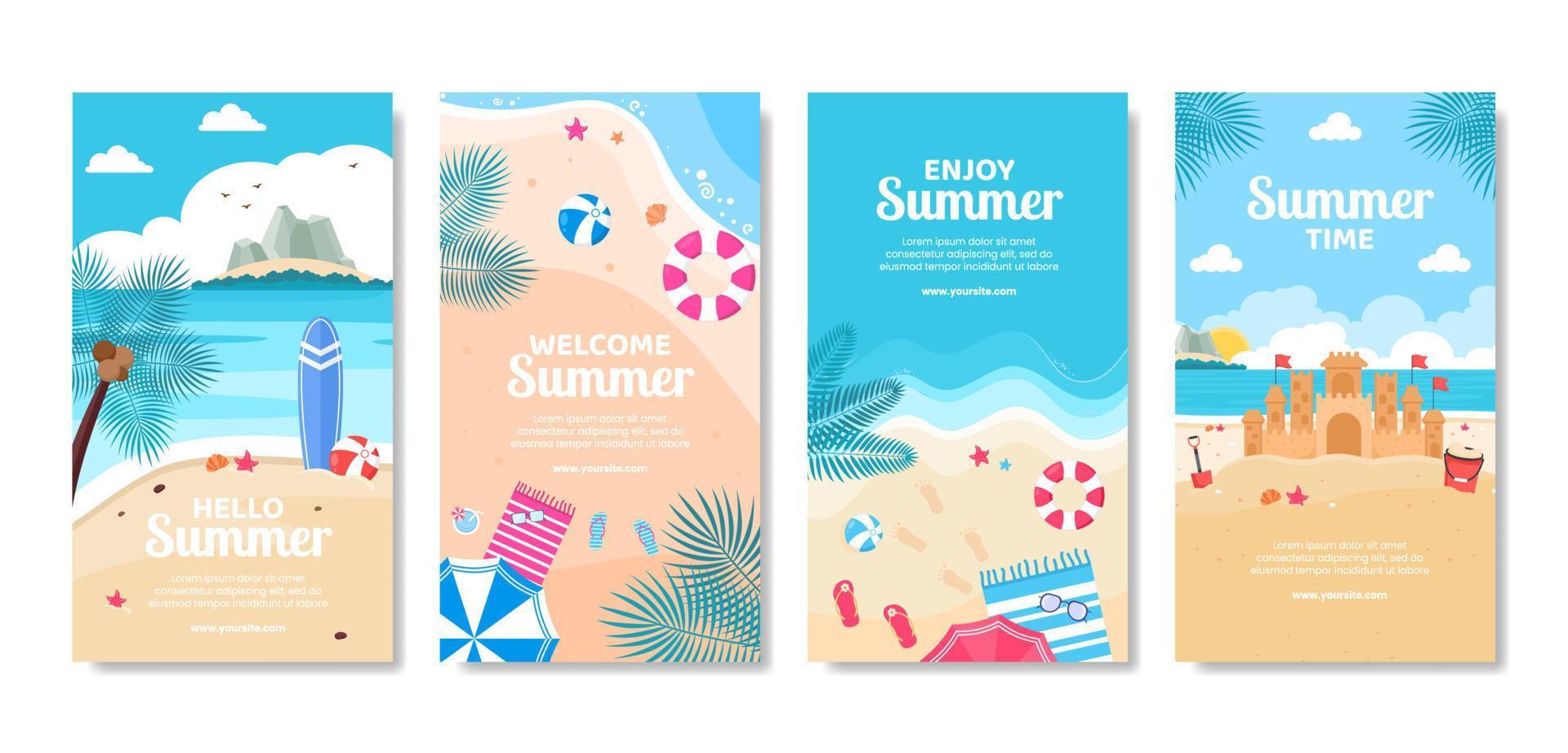 Hello Summer Social Media Stories Template Flat Cartoon Background Vector Illustration