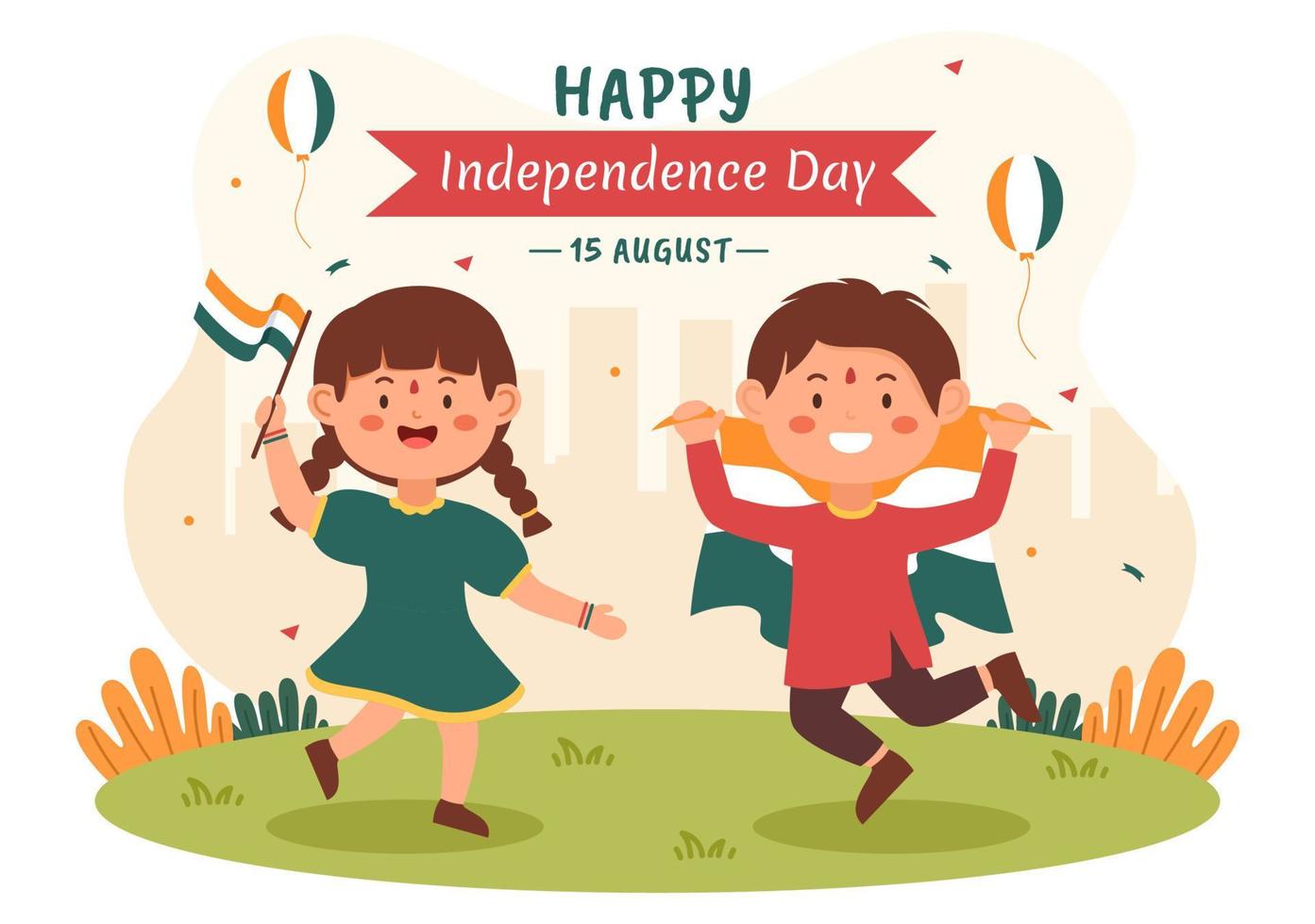 Happy Indian Independence Day which is Celebrated Every August with Flags, People Character and Ashoka Wheels in the Cartoon Style Illustration vector