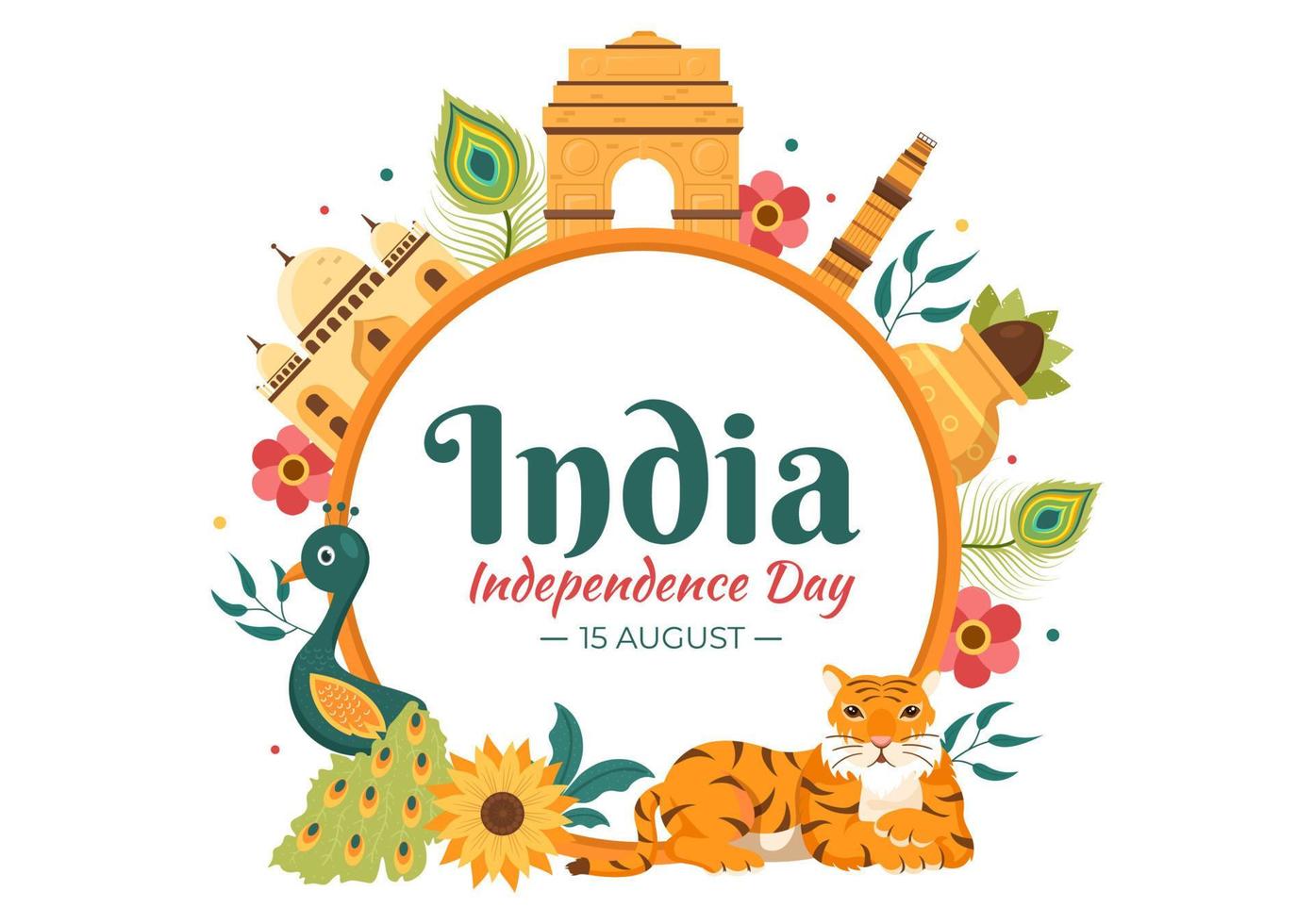 feliz día de la independencia india que se celebra cada agosto con banderas, personajes de personas y ruedas ashoka en la ilustración de estilo de dibujos animados vector