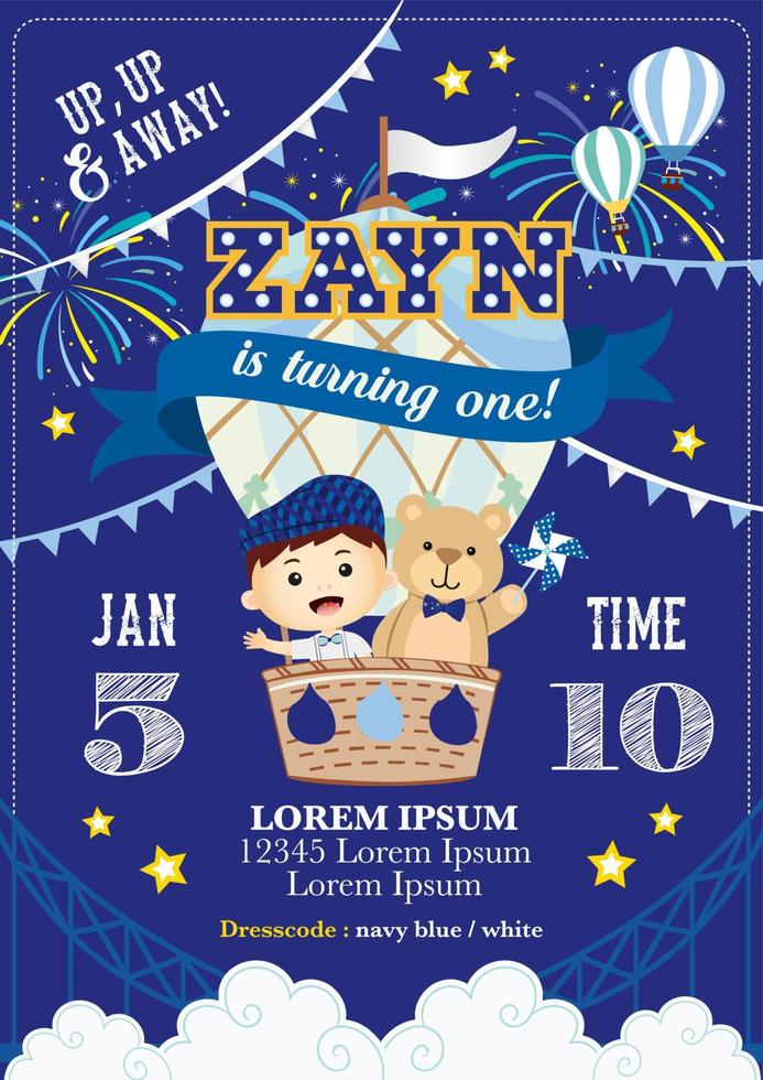 Birthday invitation with cute boy and bear vector