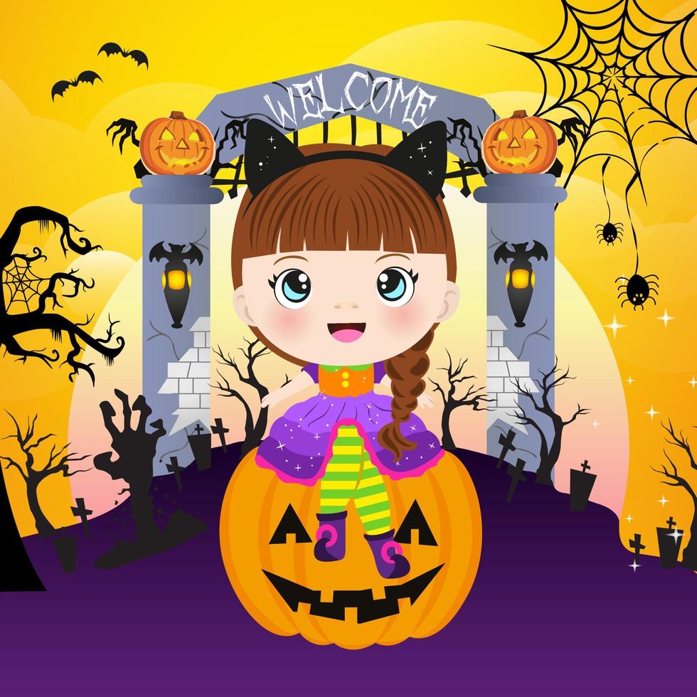 halloween illustration with pretty witch vector