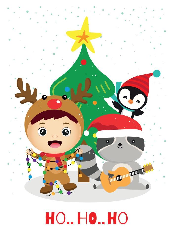 Christmas greeting card with cute boy,racoon and penguin vector