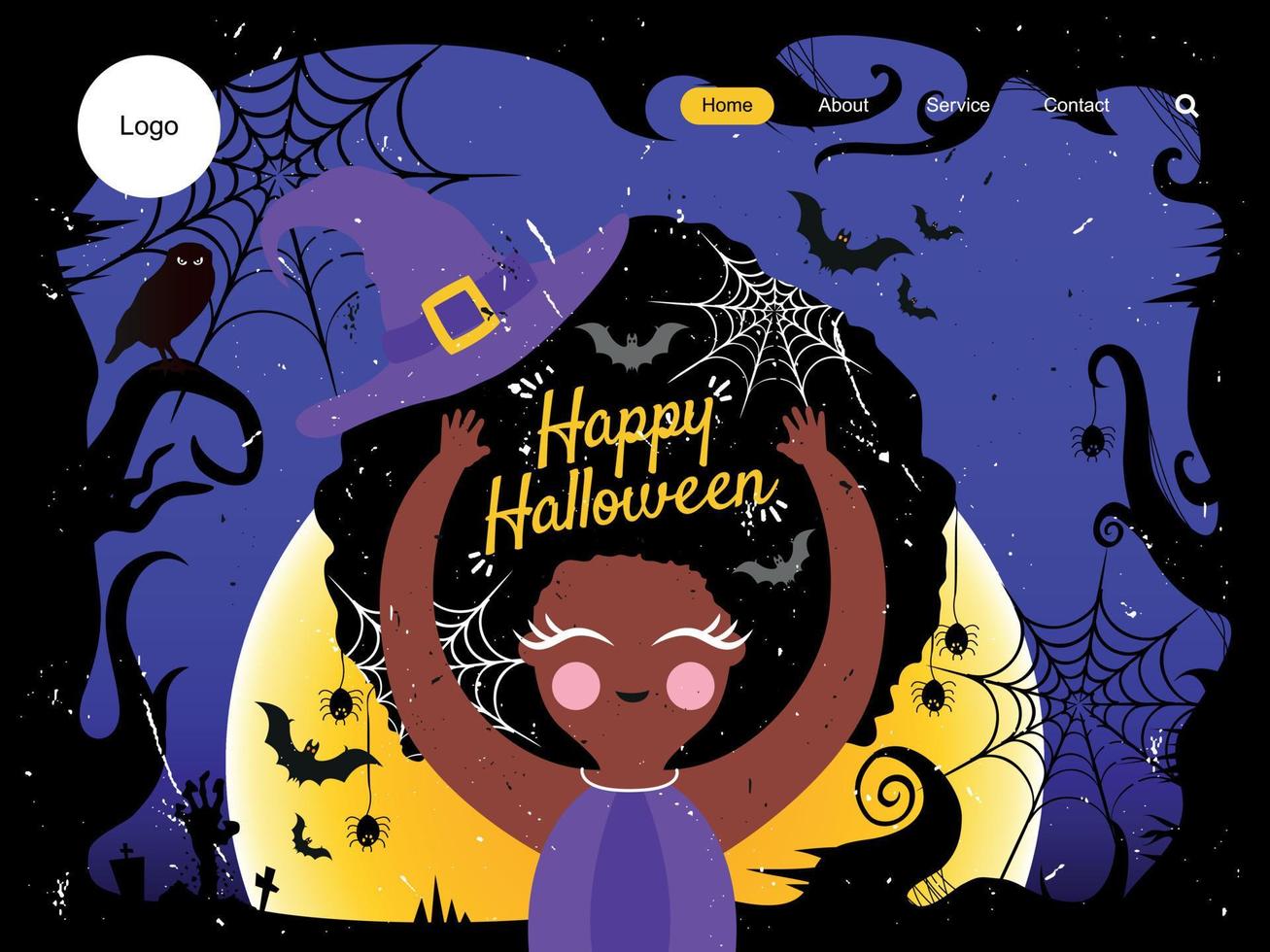 Halloween landing page with cute witch and friends vector