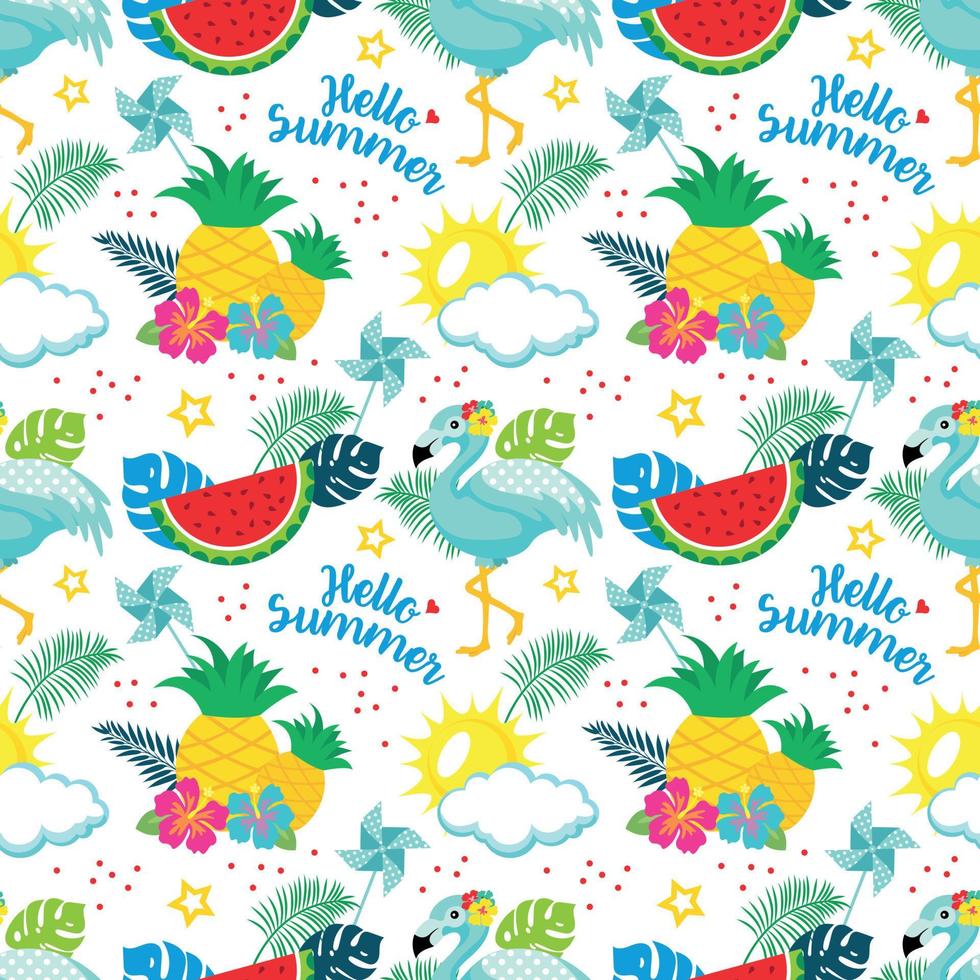 Summer pattern with flamingos, watermelon, lemon, pineapple and tropical leaves vector