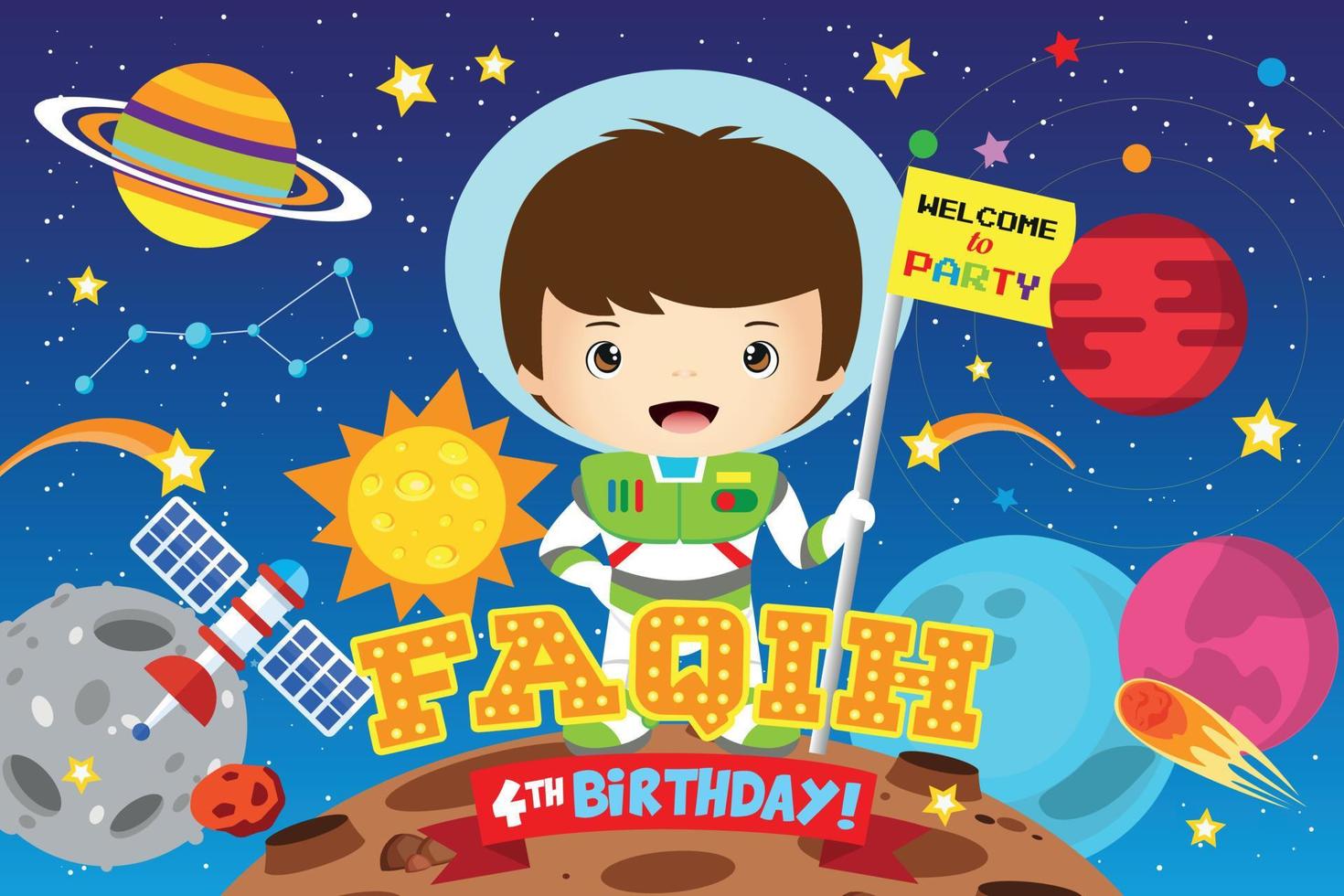 banner de cumpleaños con lindo astronauta vector