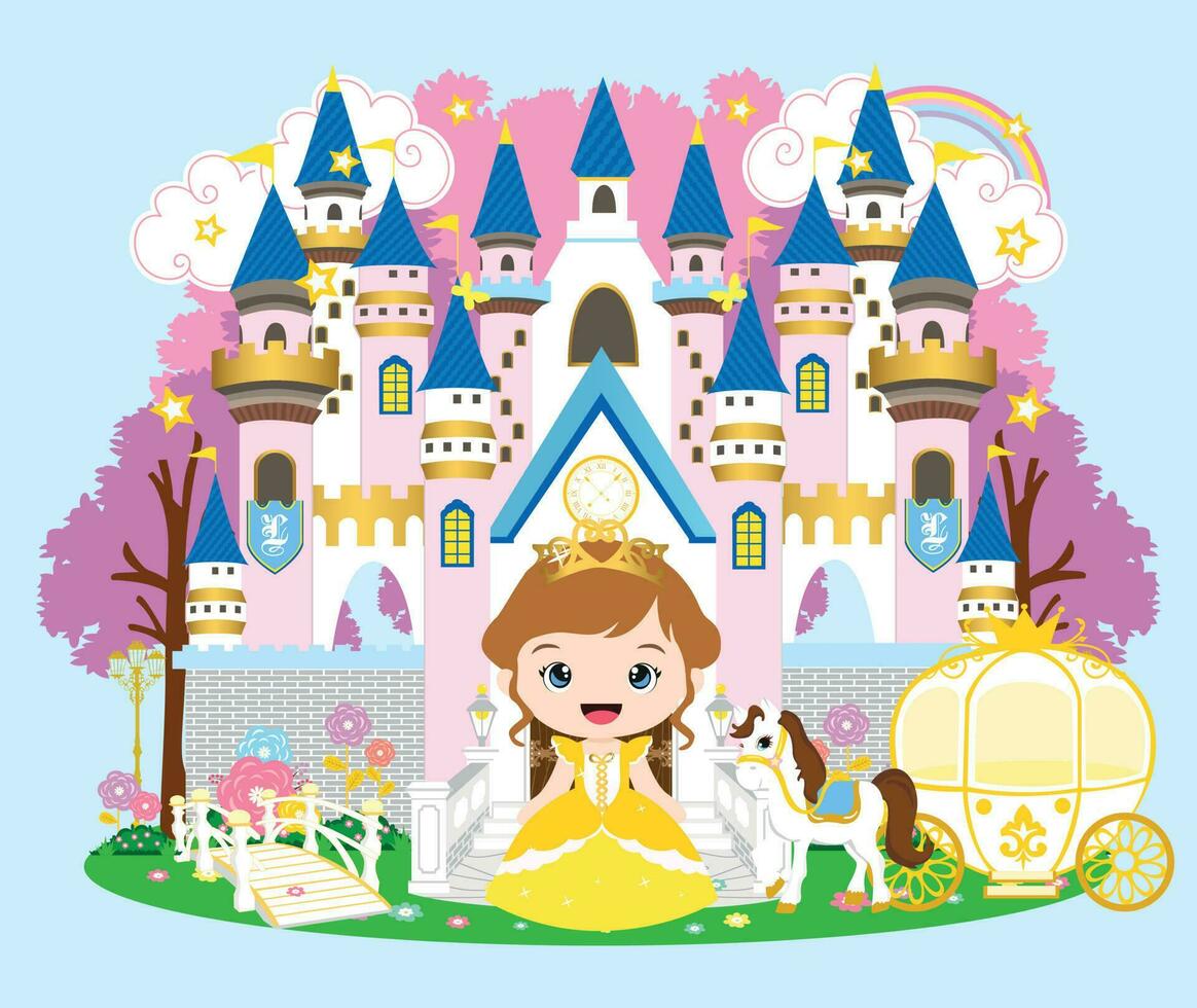 castillo de cuento de hadas y bella princesa vector