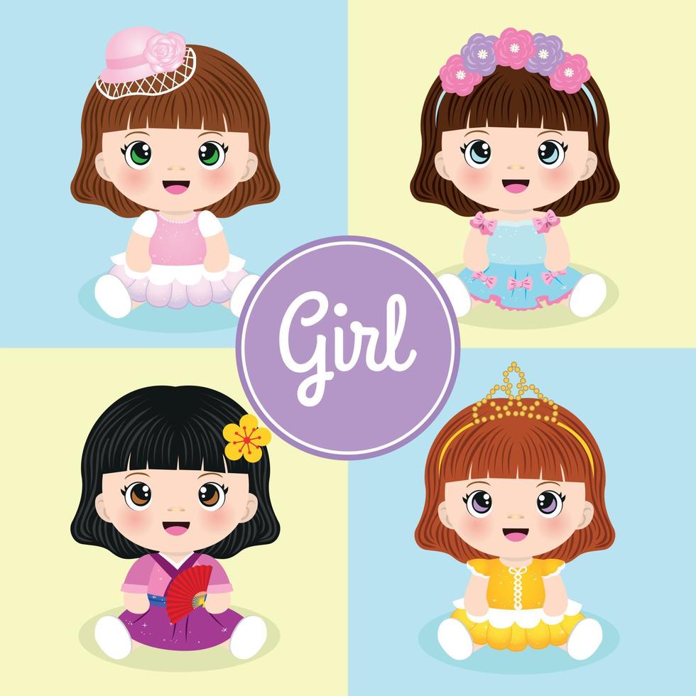 conjunto de lindas chicas de dibujos animados con varios disfraces vector