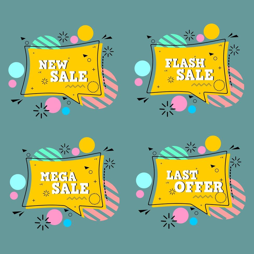vector illustration. set of yellow discount advertising banner designs. memphis style sales advertising badge