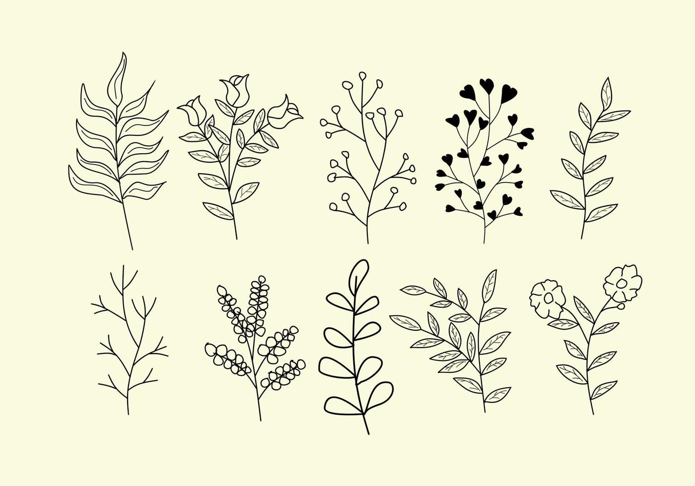 conjunto de iconos de hojas y flores dibujados a mano. diseño para adorno de invitación, portada, pancarta de primavera vector