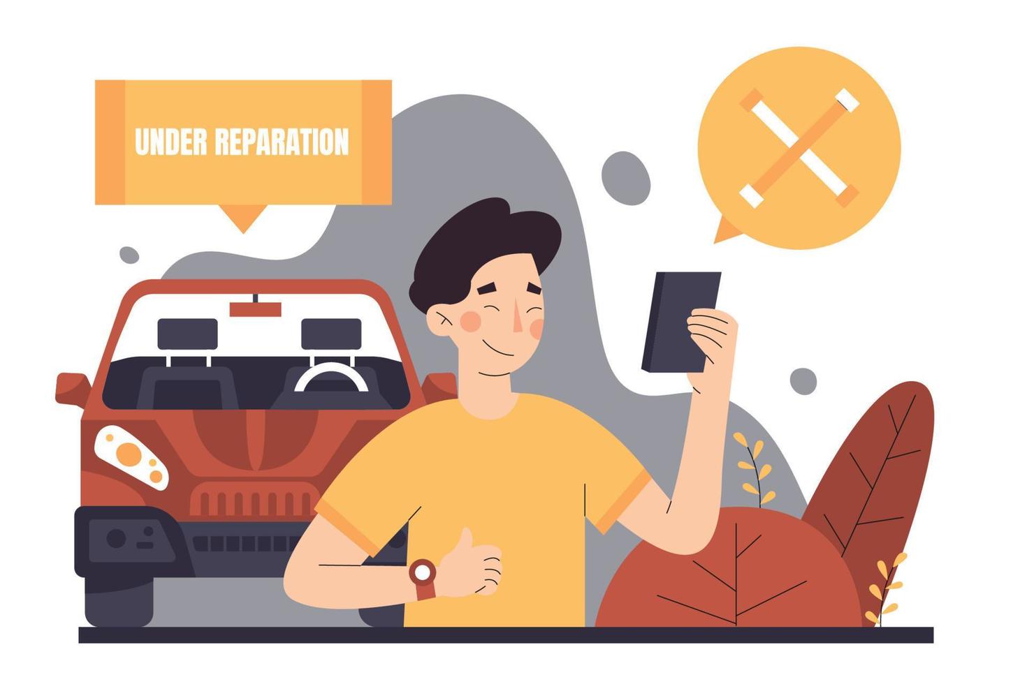 Man Repairing Car Via App Flat Illustration vector