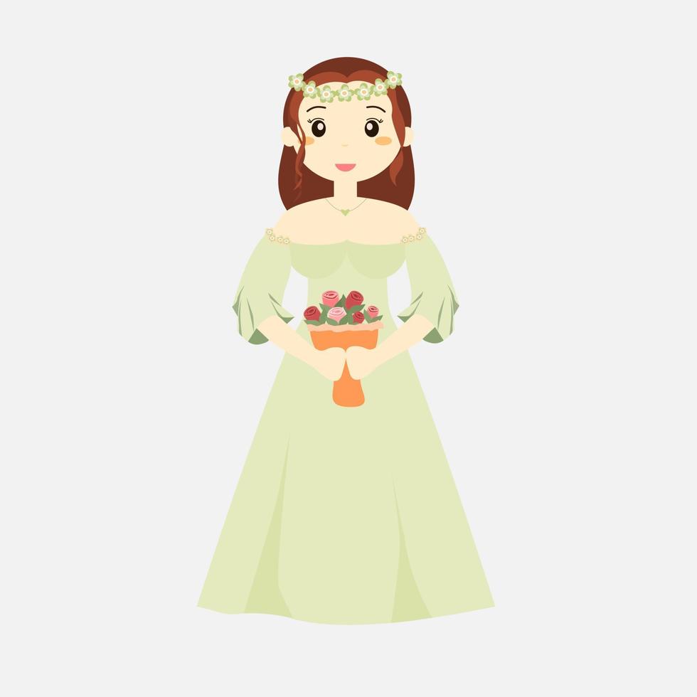 cartoon vector bride using a green colored dress with a flower crown and carrying a bouquet of red tulips