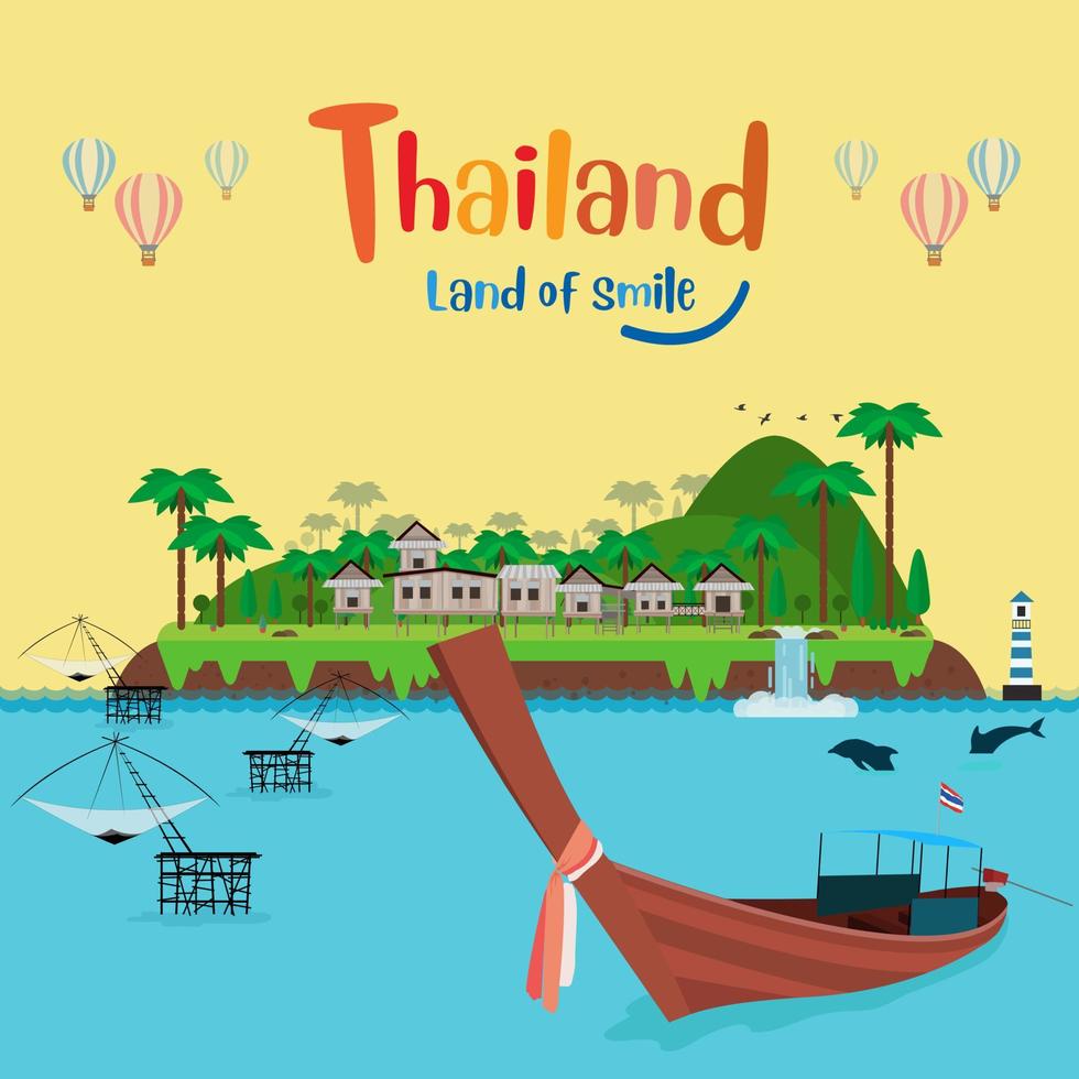 Welcome to Thailand and Guardian Giant, Thailand travel concept. The Golden Grand Palace To Visit In Thailand in flat style vector