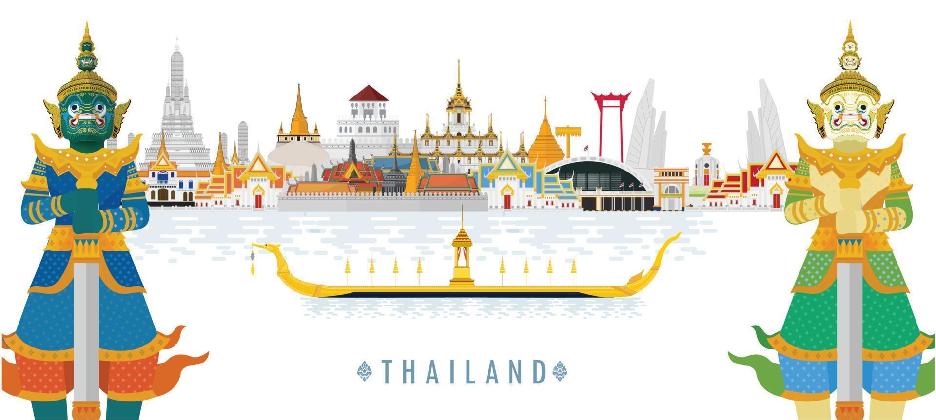 bienvenido a tailandia y gigante guardián, concepto de viaje de tailandia. el gran palacio dorado para visitar en tailandia en estilo plano vector