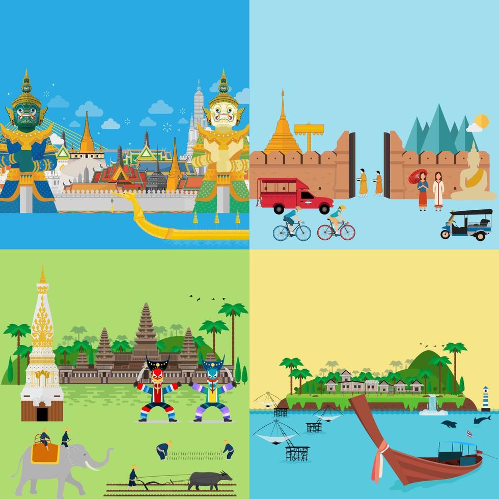 Welcome to Thailand and Guardian Giant, Thailand travel concept. The Golden Grand Palace To Visit In Thailand in flat style vector