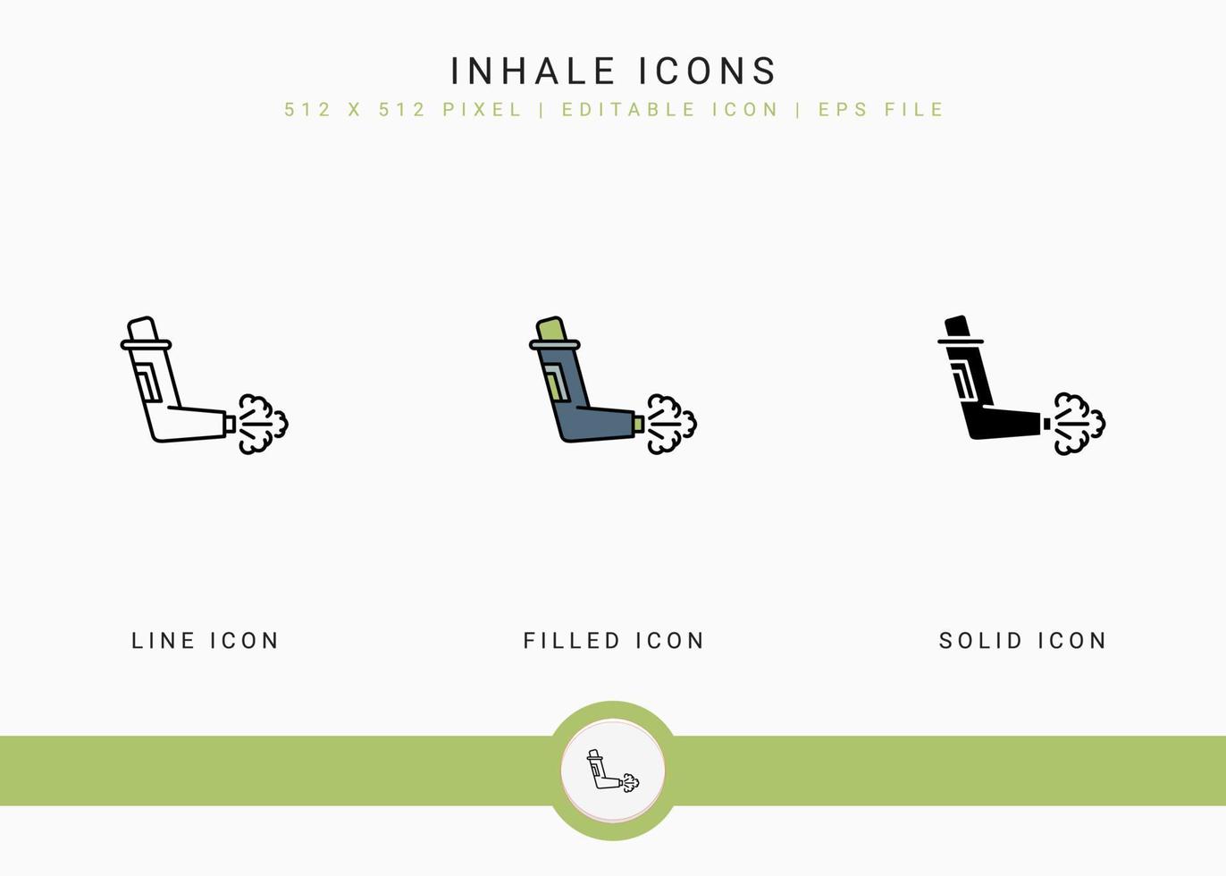 Inhale icons set vector illustration with solid icon line style. Asthma spray concept. Editable stroke icon on isolated background for web design, infographic and UI mobile app.