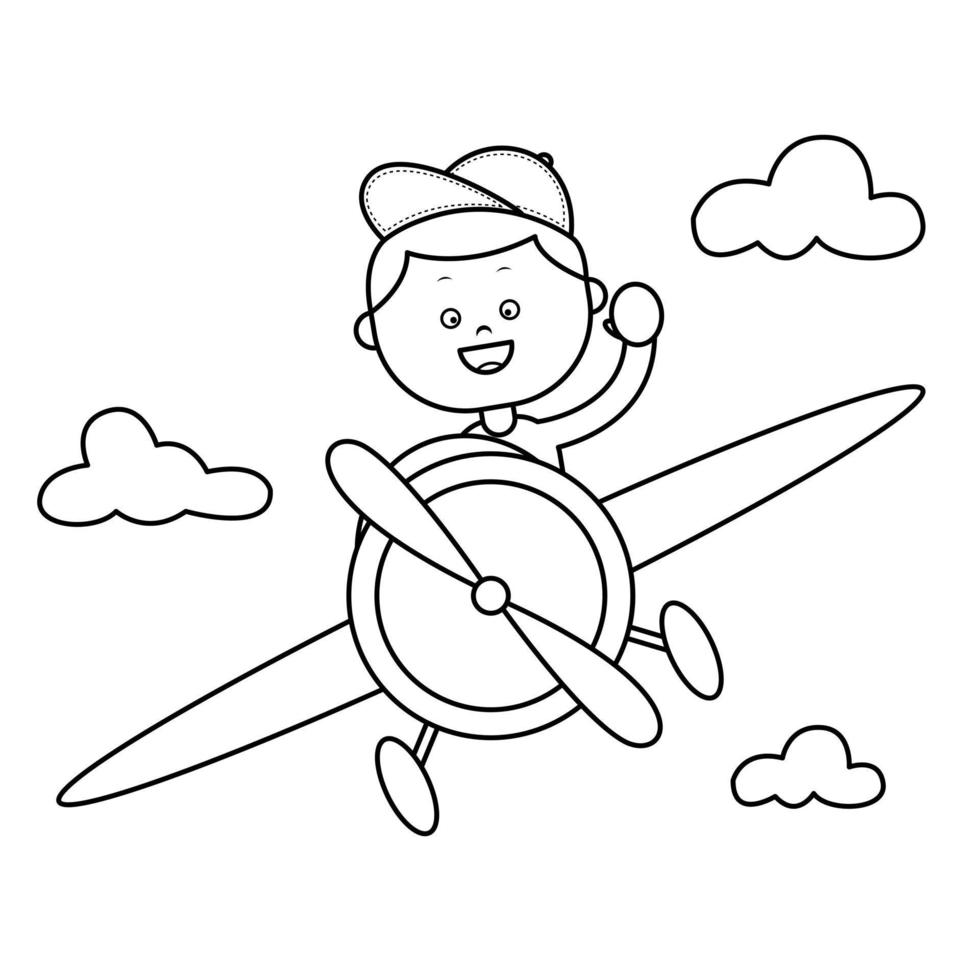 Coloring sheet of a boy driving a plane. Suitable for children's activities vector