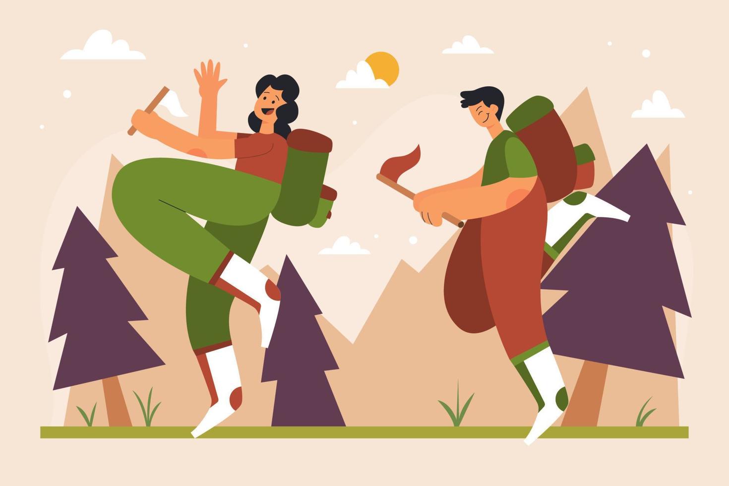 Couple Hiking In Mountain Flat illustration vector