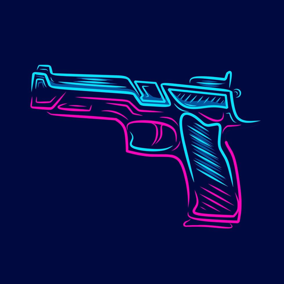 pistola revólver. línea de pistola de pistola vintage. logotipo de arte pop. diseño colorido con fondo oscuro. ilustración vectorial abstracta. fondo negro aislado para camiseta, afiche, ropa. vector