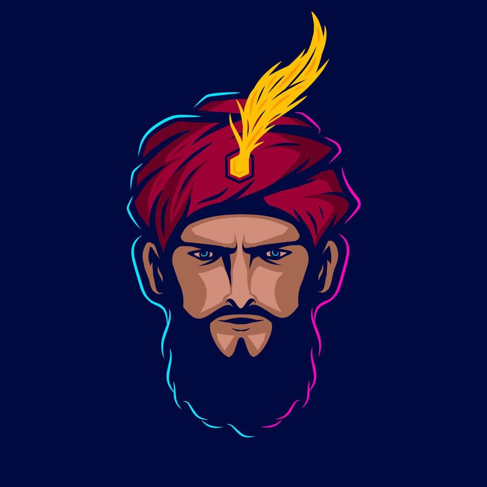 sultan arabian king logo vector line neon art potrait diseño colorido con fondo oscuro. ilustración gráfica abstracta. fondo negro aislado para camiseta