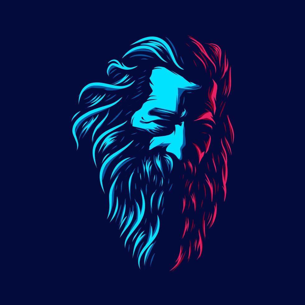 Old man bearded line art logo. Colorful design with dark background. Abstract vector illustration. Isolated with navy background for t-shirt, poster, clothing, merch, apparel.