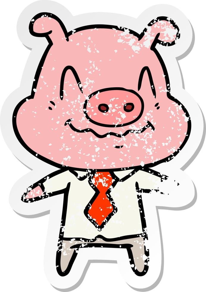 distressed sticker of a nervous cartoon pig boss vector